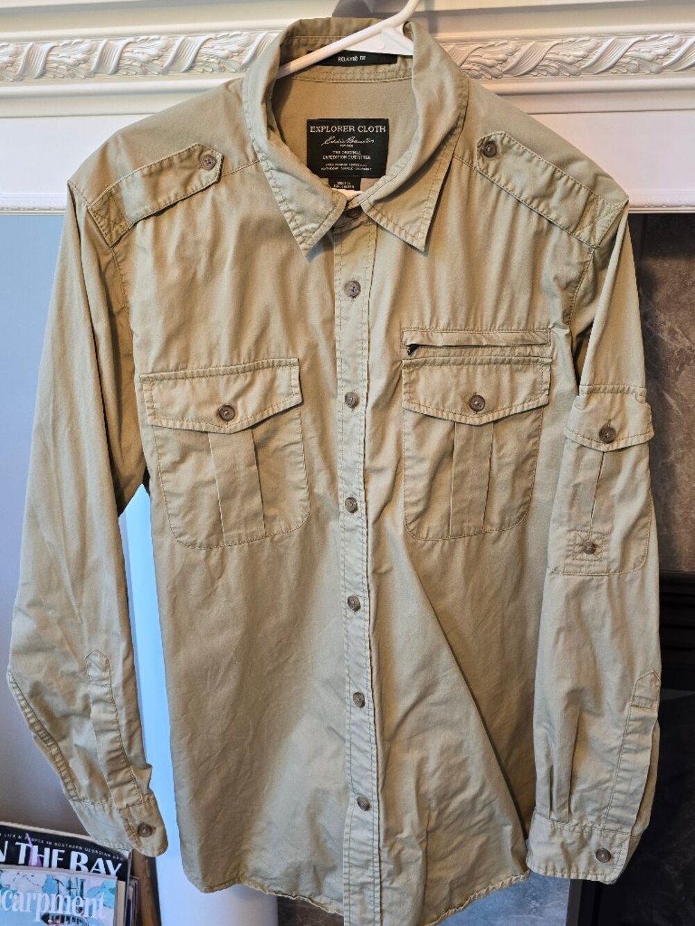Eddie Bauer Explorer Cloth button up utility shirt in khaki/tan large